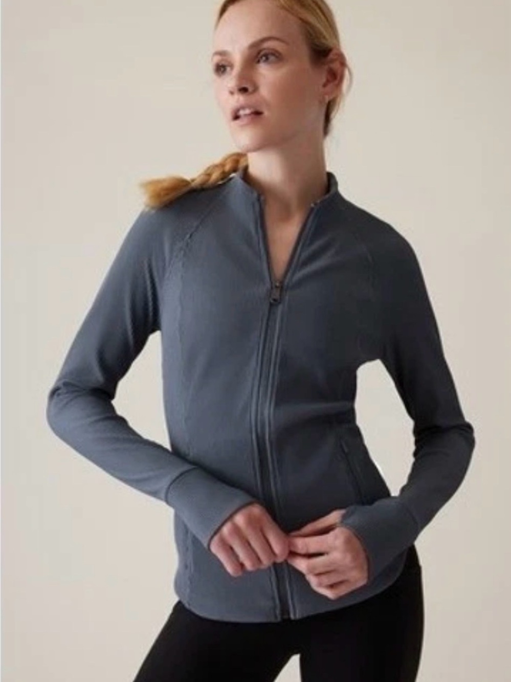 Athleta Women’s Gray Ribbed Nylon Track Jacket Full Zip Zipped Pockets Small